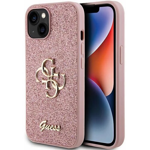 Etui GUESS Glitter Script Big 4G do Apple iPhone 15 Plus Różowy