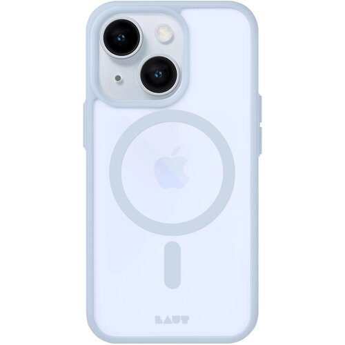 Przedstawione jest jasnoniebieskie etui na telefon z widocznym logo Apple oraz okręgiem MagSafe. Na dole etui znajduje się napis "LAUT".