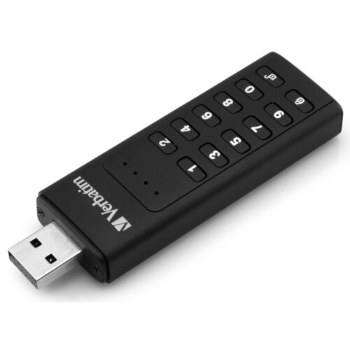 Czarny pendrive z klawiaturą numeryczną, na której widoczne są cyfry od 0 do 9 oraz przyciski "unlock" i "lock". Na obudowie znajduje się logo "Verbatim".