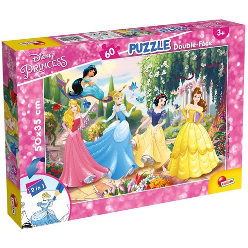 Pudełko puzzli z motywem księżniczek Disneya, zawierające 60 elementów, z napisem "Disney Princess", "Puzzle Double-Face", "50x35 cm", "3+" oraz logo "Lisciani". Na ilustracji widoczne są postacie księżniczek w kolorowych sukniach na tle ogrodu.