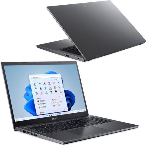 Na zdjęciu widoczny jest laptop z otwartym ekranem, na którym wyświetlany jest interfejs systemu Windows 11. Obok znajduje się widok laptopa z zamkniętą pokrywą, na której widoczne jest logo "Acer".