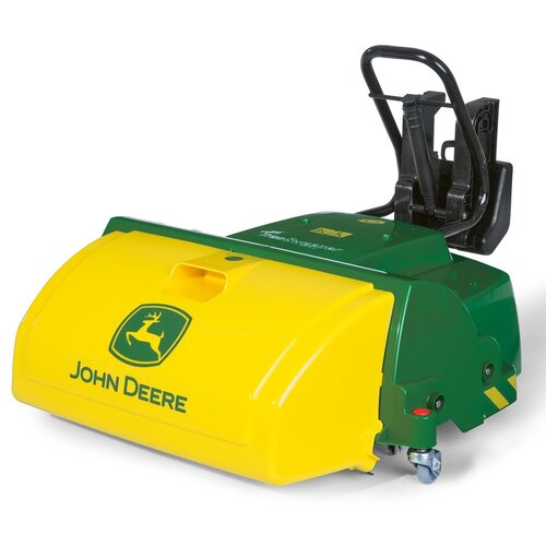Zamiatarka w kolorach zielonym i żółtym z widocznym logo "John Deere" na przedniej części. Produkt posiada uchwyt i kółka, a na górnej powierzchni znajduje się napis "Rolly Toys".