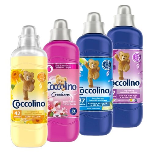 Płyn do płukania COCCOLINO Creations Passion Flower & Bergamot, Creations Tiare Flower & Red Fruits, Purple Orchid & Blueberries 3 x 925 ml + Płyn do płukania COCCOLINO Happy Yellow 1050 ml