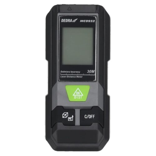 Czarny dalmierz laserowy z wyświetlaczem i przyciskami, na którym widnieje napis "DEDRA MC0932" oraz "Dalmierz laserowy 30M Laser Distance Meter". Na urządzeniu znajdują się przyciski z oznaczeniami "ON DIST" oraz "C/OFF".