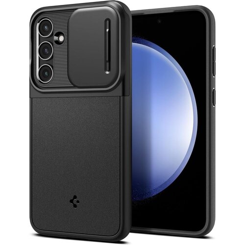 Czarne etui na telefon z widocznym logo producenta w dolnej części, posiada przesuwany element ochronny na aparat z trzema obiektywami. Obok etui znajduje się telefon z wyświetlaczem pokazującym niebieską, okrągłą grafikę.