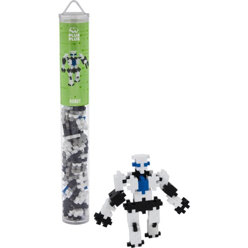 Przezroczysta tuba zawiera plastikowe klocki w kolorach białym, czarnym i niebieskim, a na zielonej etykiecie widnieje napis "PLUS PLUS" oraz "ROBOT". Obok tuby znajduje się złożony z klocków biało-czarno-niebieski robot.