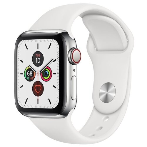 APPLE Watch 5 GPS + Cellular 40mm koperta ze stali nierdzewnej (srebrny) + pasek sportowy (biały)
