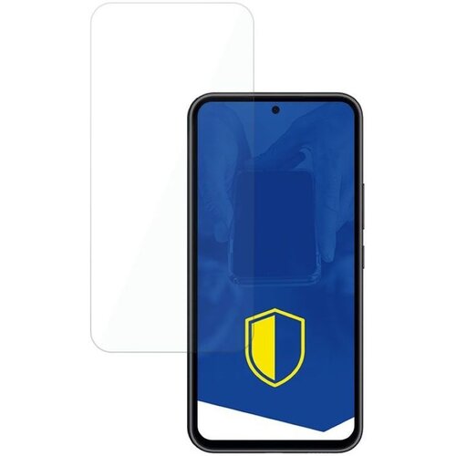 Na zdjęciu widoczne jest szkło hartowane 3MK HardGlass do Samsung Galaxy A54 5G, obok którego znajduje się smartfon z niebieskim ekranem i żółto-niebieską tarczą. Produkt jest przeznaczony do ochrony ekranu telefonu.