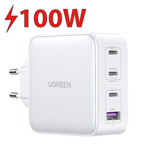 Biała ładowarka sieciowa z logo "UGREEN" posiada cztery porty: trzy USB-C oznaczone jako USB-C1, USB-C2, USB-C3 oraz jeden USB-A. Nad ładowarką widnieje czerwony napis "100W" z symbolem błyskawicy.