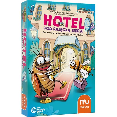 Pudełko gry karcianej "Hotel pod Pajęczą siecią" przedstawia kolorową ilustrację z owadami wchodzącymi do hotelu. Na opakowaniu widnieje tekst: "Autorzy: Dennis Kirps, Christian Kruchten, Ilustracje: Gediminas Akelaitis", a także logo "muduko" i oznaczeni