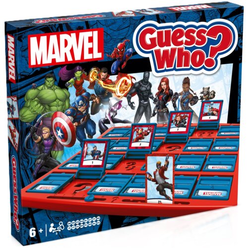 Pudełko gry towarzyskiej z motywem Marvela, z widocznymi postaciami z komiksów oraz planszą do gry z kartami. Na opakowaniu znajdują się napisy "MARVEL" i "Guess Who?", a także oznaczenie wiekowe "6+".