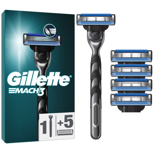 Na zdjęciu znajduje się opakowanie golarki z napisem "Gillette Mach3" oraz widoczna golarka z pięcioma dodatkowymi ostrzami. Na opakowaniu widnieje symbol golarki i ostrzy z oznaczeniem "1 + 5".