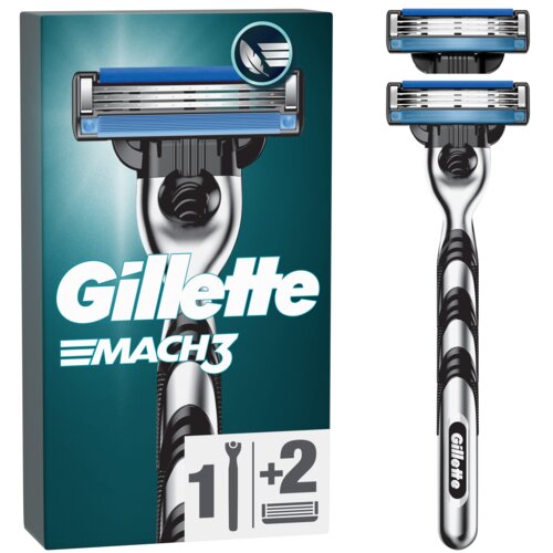 Opakowanie golarki z napisem "Gillette Mach3" oraz grafiką przedstawiającą golarkę i symbol piórka. Obok opakowania znajduje się golarka z wymiennym ostrzem oraz dwa dodatkowe ostrza.