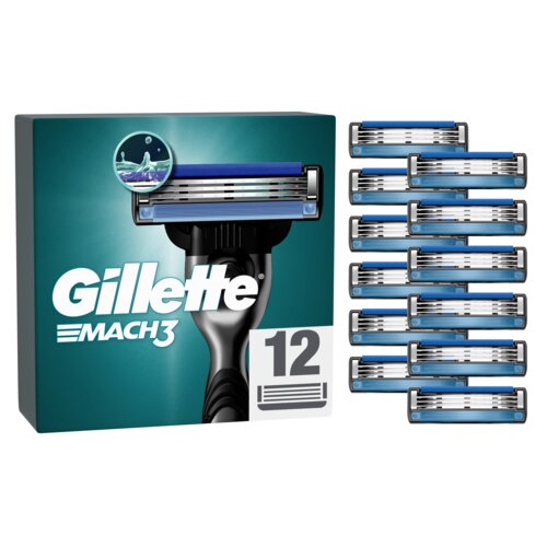 Na zdjęciu widoczne jest opakowanie ostrzy do golarki z napisem "Gillette Mach3" oraz liczba "12" wskazująca ilość sztuk. Obok opakowania znajduje się dwanaście pojedynczych ostrzy ułożonych w dwóch kolumnach.