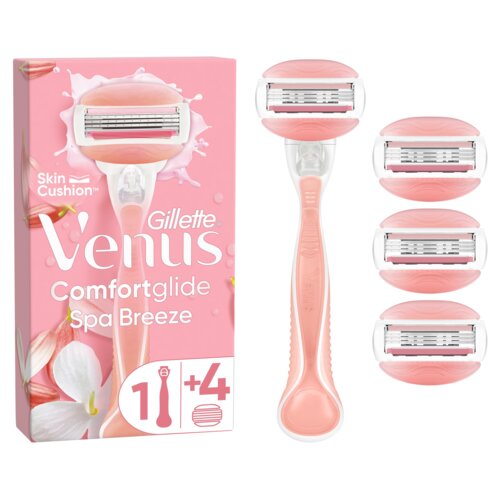 Na zdjęciu znajduje się różowe opakowanie z napisem "Gillette Venus Comfortglide Spa Breeze" oraz ilustracją golarki. Obok opakowania widoczna jest golarka oraz cztery wymienne wkłady w różowym kolorze.