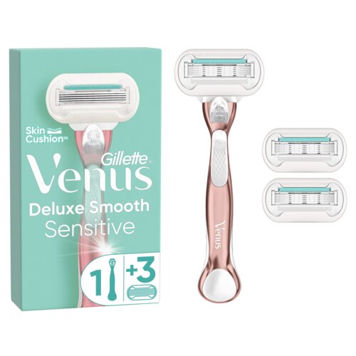 Na zdjęciu znajduje się opakowanie produktu "Gillette Venus Deluxe Smooth Sensitive" z napisem "Skin Cushion" oraz ilustracją golarki, obok której widoczna jest golarka i trzy wymienne ostrza. Na opakowaniu znajduje się także oznaczenie "1 + 3".