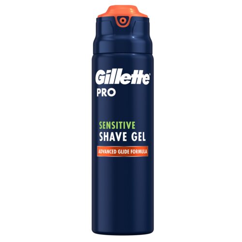Na zdjęciu znajduje się ciemnoniebieska puszka z pomarańczowym przyciskiem na górze, z napisem: "Gillette PRO SENSITIVE SHAVE GEL ADVANCED GLIDE FORMULA".