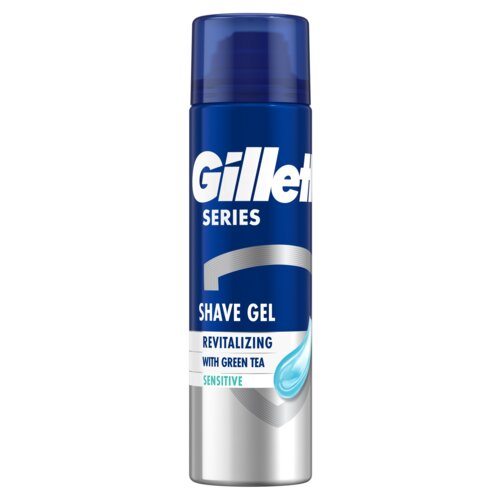 Niebiesko-srebrne opakowanie żelu do golenia z napisem "Gillette Series" oraz "Shave Gel Revitalizing with Green Tea Sensitive" i graficznym motywem kropli. Produkt ma pojemność 200 ml.