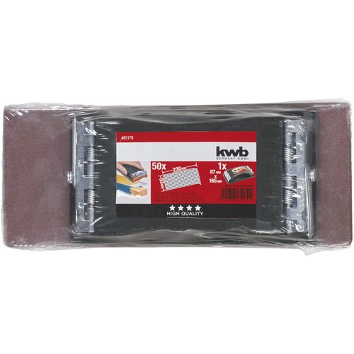 Pakiet arkuszy ściernych zawiera 50 sztuk, zapakowanych w przezroczystą folię. Na etykiecie widnieje napis: "kwb GERMANY GMBH", "485170", "50x", "230 mm", "1x 87 mm x 165 mm", oraz "HIGH QUALITY" z czterema gwiazdkami.
