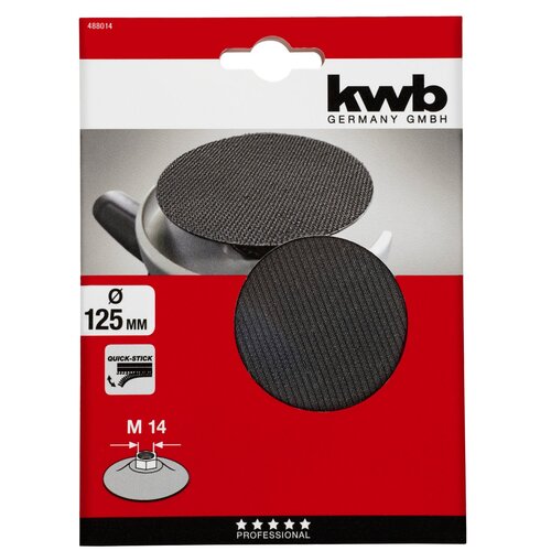 Opakowanie dysku polerskiego z widocznym logo "kwb GERMANY GMBH" oraz numerem produktu "488014". Na opakowaniu znajdują się informacje: "Ø 125 MM", "QUICK-STICK", "M 14" oraz "PROFESSIONAL" z grafiką przedstawiającą dysk polerski.