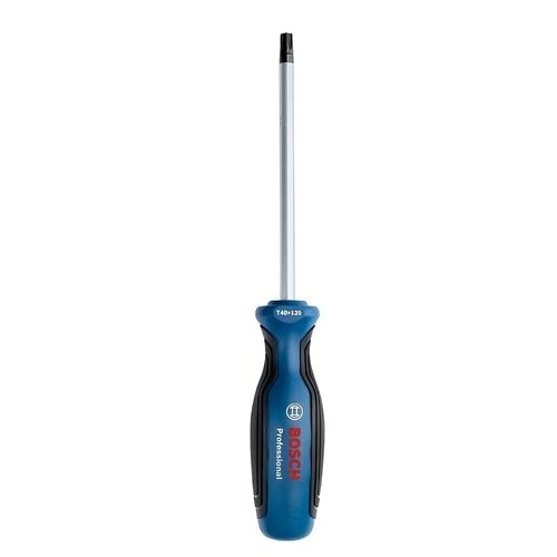 Na zdjęciu znajduje się niebieski wkrętak z czarnymi elementami, z widocznym napisem "BOSCH Professional" oraz oznaczeniem "T40 x 125" na uchwycie. Produkt ma metalowy trzon i ergonomiczny uchwyt.