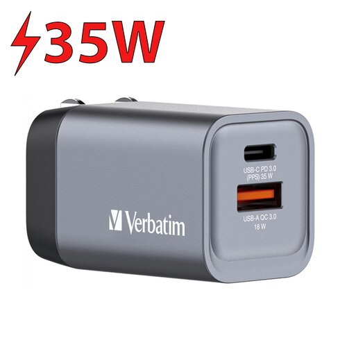 Ładowarka sieciowa VERBATIM GNC-35 GaN 35W + Adapter EU/UK/US Szary