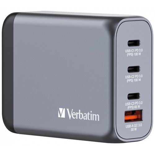 Ładowarka sieciowa VERBATIM GNC-100 GaN 100W + Adapter EU/UK/US Szary