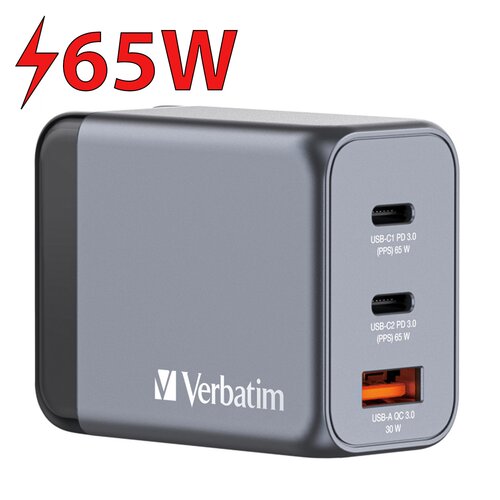 Ładowarka sieciowa VERBATIM GNC-65 GaN 65W + Adapter EU/UK/US Szary