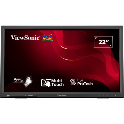 Monitor z czarną ramką, na ekranie widoczne logo "ViewSonic" oraz kolorowe ptaki, a także napisy: "Super CLEAR", "Multi Touch", "Eye ProTech" i "22"". Tło ekranu jest czerwone z falistymi wzorami.