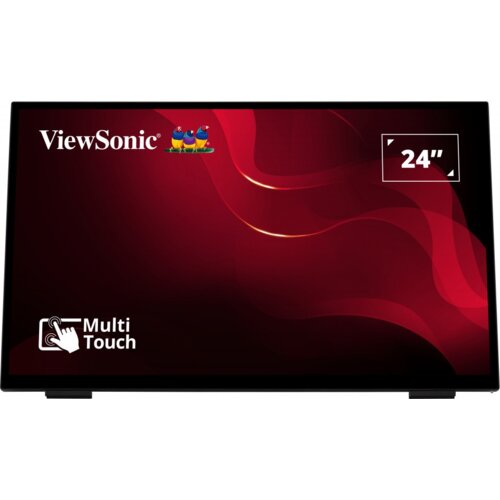 Monitor z czarną ramką, na ekranie widoczna jest czerwona grafika z logo "ViewSonic" oraz kolorowymi ptakami, a także napis "Multi Touch" z ikoną dłoni i oznaczenie "24"".