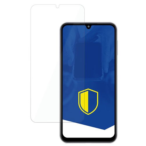 Na zdjęciu widoczny jest telefon z nałożonym szkłem ochronnym, a na ekranie telefonu znajduje się niebieska grafika z żółtą tarczą. Obok telefonu umieszczone jest przezroczyste szkło hybrydowe.