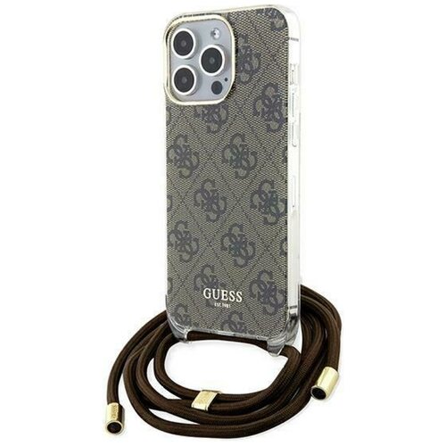 Brązowe etui na telefon z nadrukiem 4G i logo "GUESS EST 1981" na dole. Do etui dołączony jest brązowy sznurek z metalowymi końcówkami.