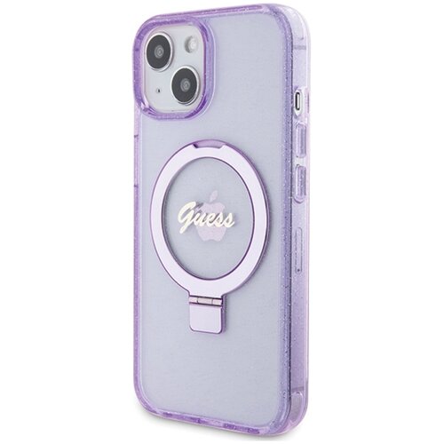 Etui GUESS Ring Stand Script Glitter MagSafe do Apple iPhone 15 Plus Fioletowy