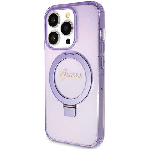 Etui GUESS Ring Stand Script Glitter MagSafe do Apple iPhone 15 Pro Max Fioletowy