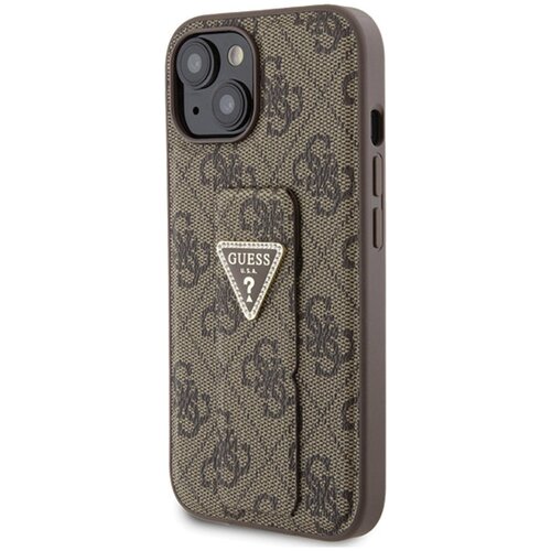 Etui GUESS Grip Stand 4G Triangle Strass Logo do Apple iPhone 15 Brązowy