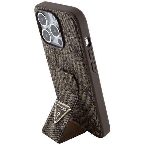 Etui GUESS Grip Stand 4G Triangle Strass Logo do Apple iPhone 15 Pro Brązowy