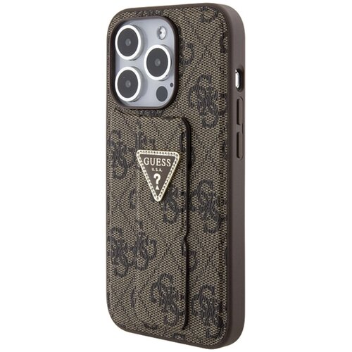 Brązowe etui na telefon z teksturowanym wzorem i trójkątnym logo z napisem "GUESS U.S.A." oraz znakiem zapytania. Etui posiada wycięcia na aparat i przyciski, a także uchwyt na tylnej części.