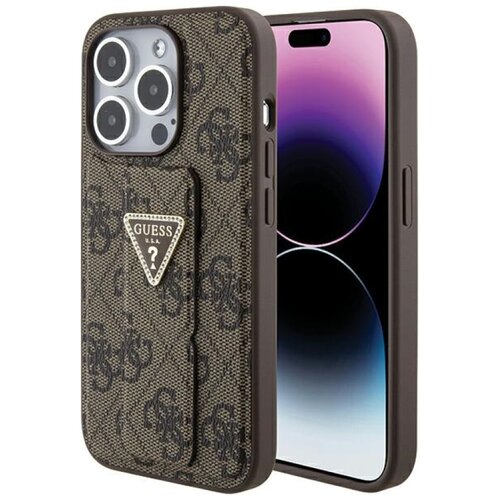 Etui GUESS Grip Stand 4G Triangle Strass Logo do Apple iPhone 15 Pro Max Brązowy
