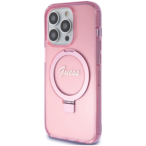 Etui GUESS Ring Stand Script Glitter MagSafe do Apple iPhone 15 Pro Różowy