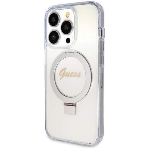 Etui GUESS Ring Stand Script Glitter MagSafe do Apple iPhone 15 Pro Przezroczysty
