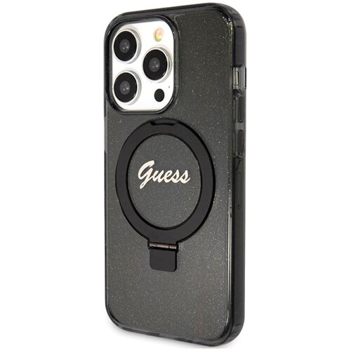 Etui GUESS Ring Stand Script Glitter MagSafe do Apple iPhone 15 Pro Max Czarny