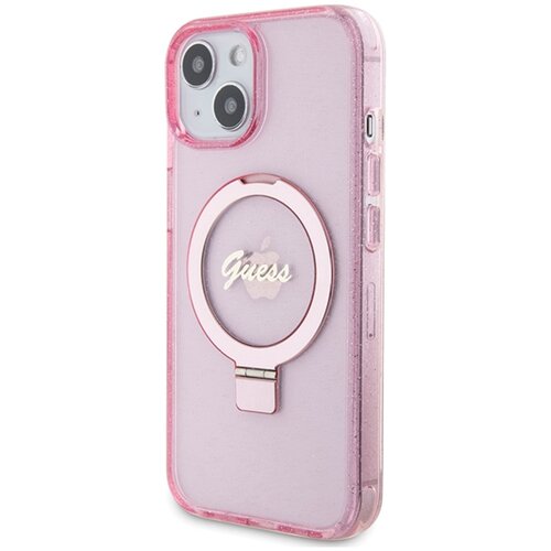 Etui GUESS Ring Stand Script Glitter MagSafe do Apple iPhone 15 Plus Różowy