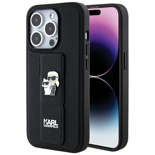 Etui KARL LAGERFELD Gripstand Saffiano Karl & Choupette Pins do Apple iPhone 15 Pro Max Czarny