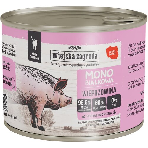 Karma dla kota WIEJSKA ZAGRODA Monobiałkowa Wieprzowina 200 g