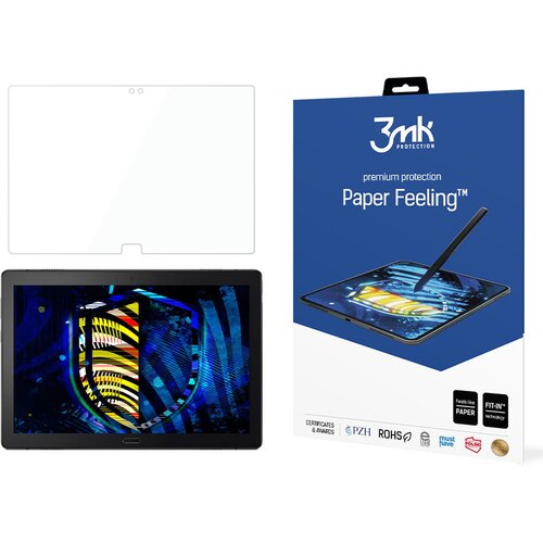 Opakowanie produktu "3mk Protection Paper Feeling" przedstawia grafikę tabletu z rysikiem oraz napisy: "premium protection Paper Feeling™", "Feels like PAPER", "FIT-IN™ technology". Na dole widoczne są logotypy certyfikatów i nagród, w tym PZH, ROHS, Must