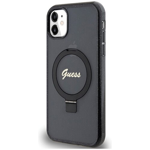 Etui GUESS Ring Stand Script Glitter MagSafe do Apple iPhone 11 Czarny