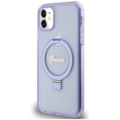 Etui GUESS Ring Stand Script Glitter MagSafe do Apple iPhone 11 Fioletowy