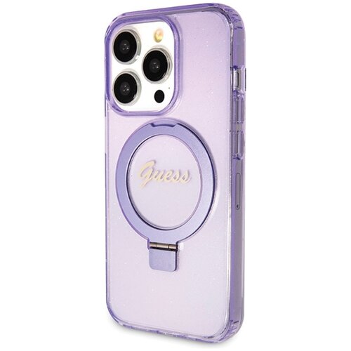 Etui GUESS Ring Stand Script Glitter MagSafe do Apple iPhone 13 Pro Max Fioletowy