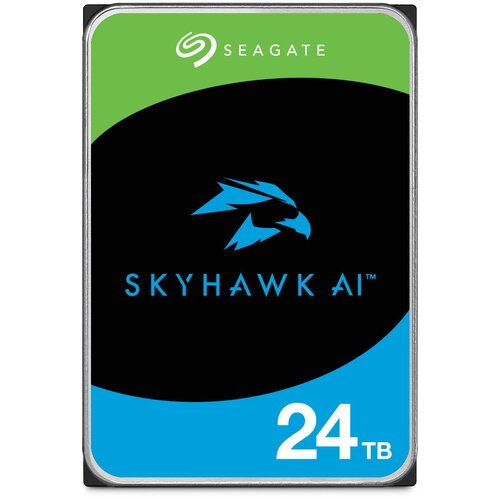 Na zdjęciu widoczny jest dysk twardy z logo "SEAGATE" na zielonym tle, poniżej znajduje się niebieski symbol ptaka oraz napis "SKYHAWK AI" na czarnym tle. W dolnej części widnieje biały napis "24TB" na niebieskim tle.