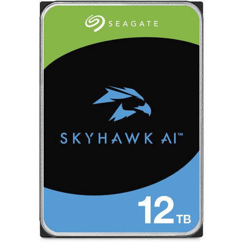 Na zdjęciu widoczny jest dysk twardy z etykietą, na której znajduje się logo "SEAGATE" oraz napis "SKYHAWK AI" z symbolem ptaka. Na dole etykiety widnieje oznaczenie pojemności "12 TB".